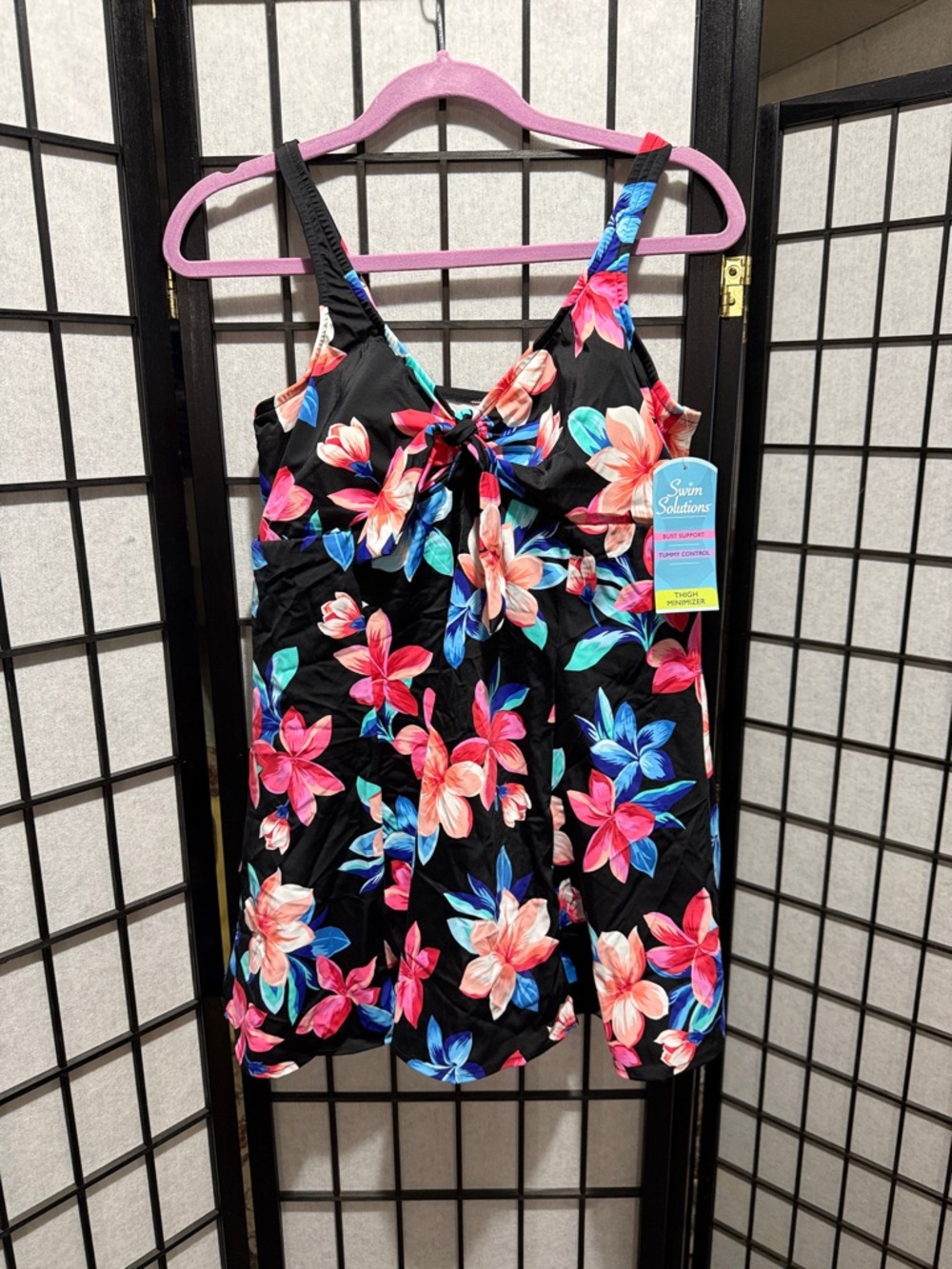 Swim Solutions Black Floral Swimdress with Coral Pink & Blue Blooms Size 16W